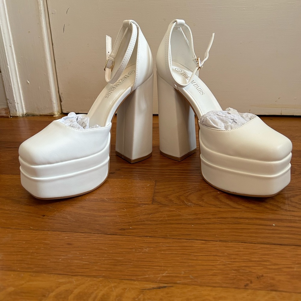 White platform chunky heels